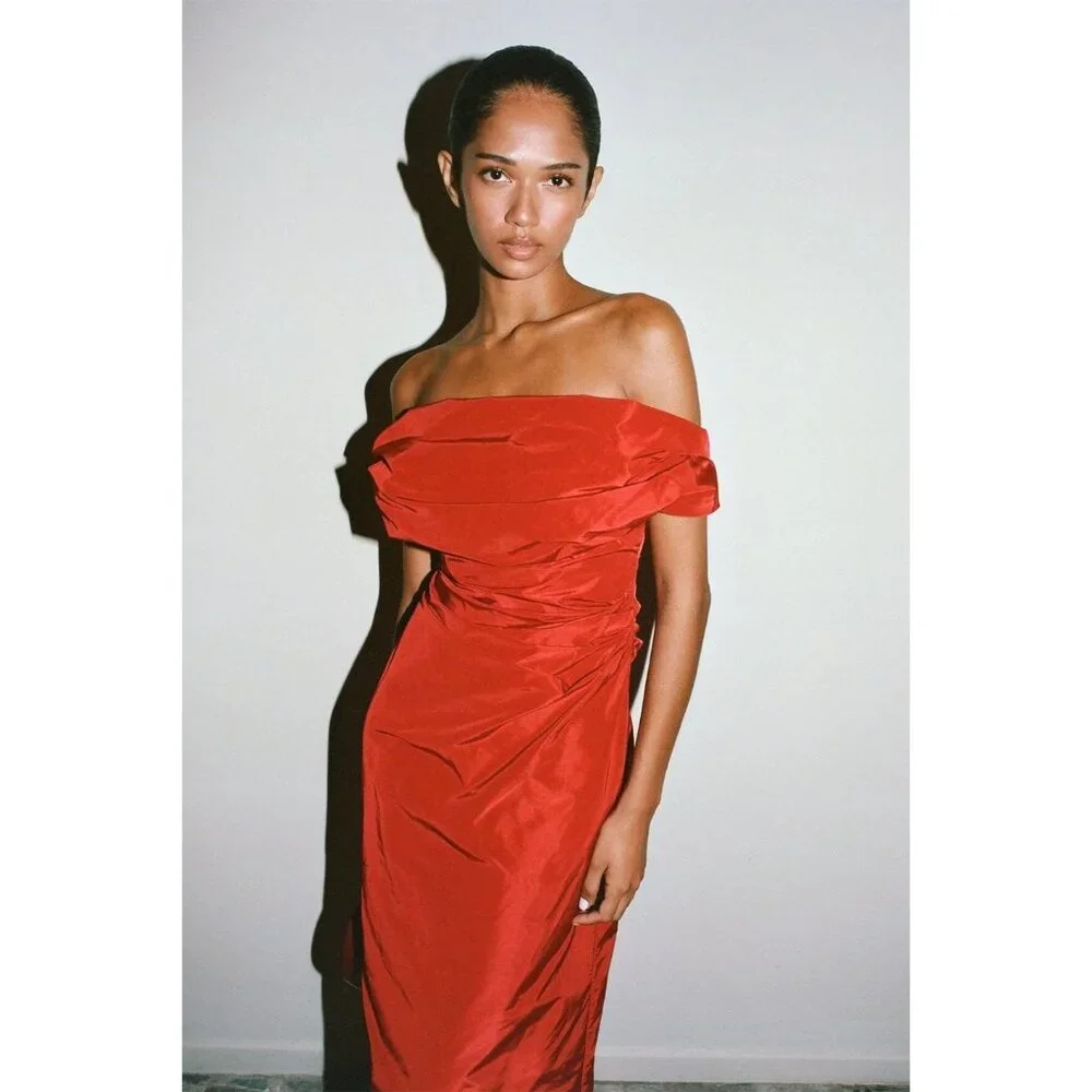 STAUD Andrea Dress Rouge Red Size 2 Off‑Shoulder Taffeta Midi - NWT